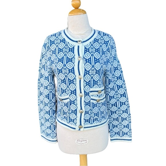 Maje Melance Geometric Jacquard Knit Cardigan Jumper Blue White Metallic Med GUC - Picture 1 of 14